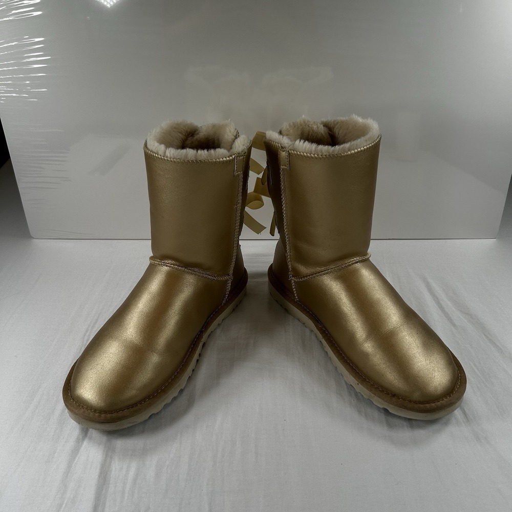 UGG Bailey Bow Metallic Gold Shimmer Sheepskin Boots Women's 11